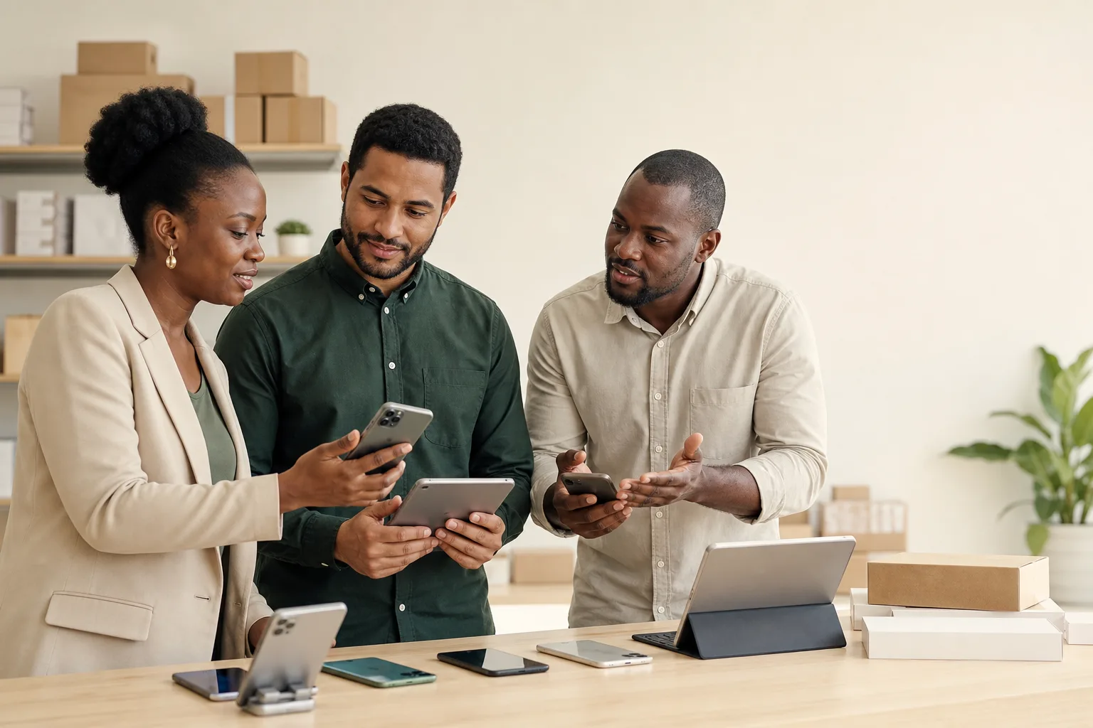A team comparing mobile devices and tablets in a distribution workspace